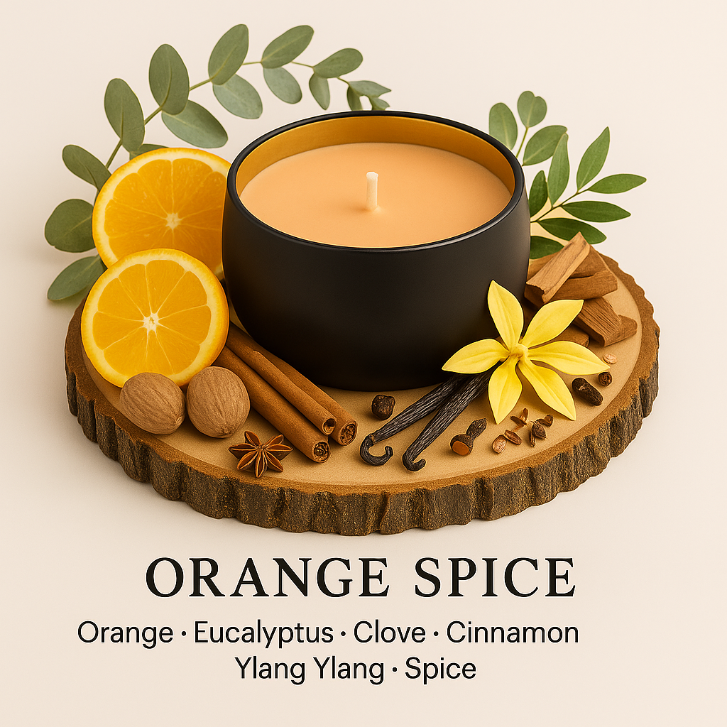 Orange spice - 6oz luxury soy wax candle surrounded by orange, cinnamon, eucalyptus, cloves & spice