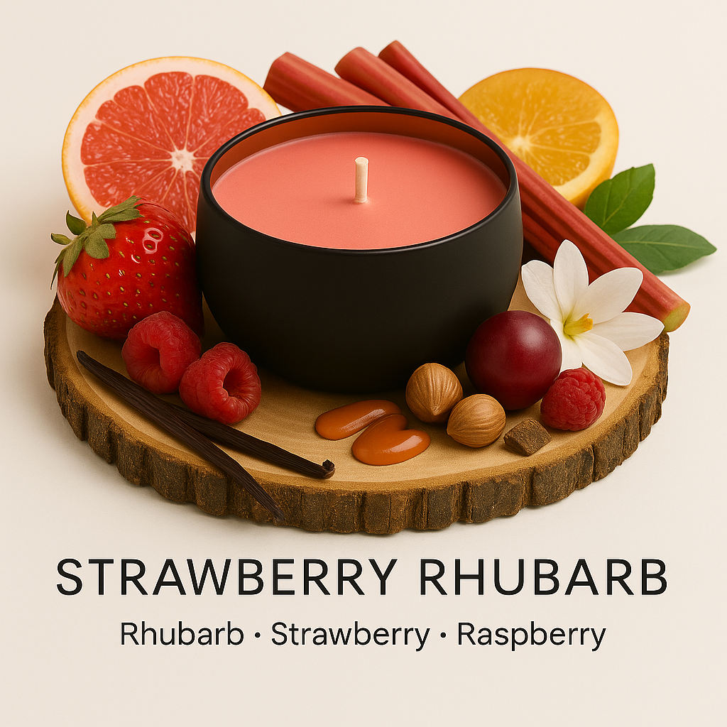 Strawberry Rhubarb - 6oz luxury soy wax candle surrounded by strawberries, raspberries, rhubarb and grapefruit