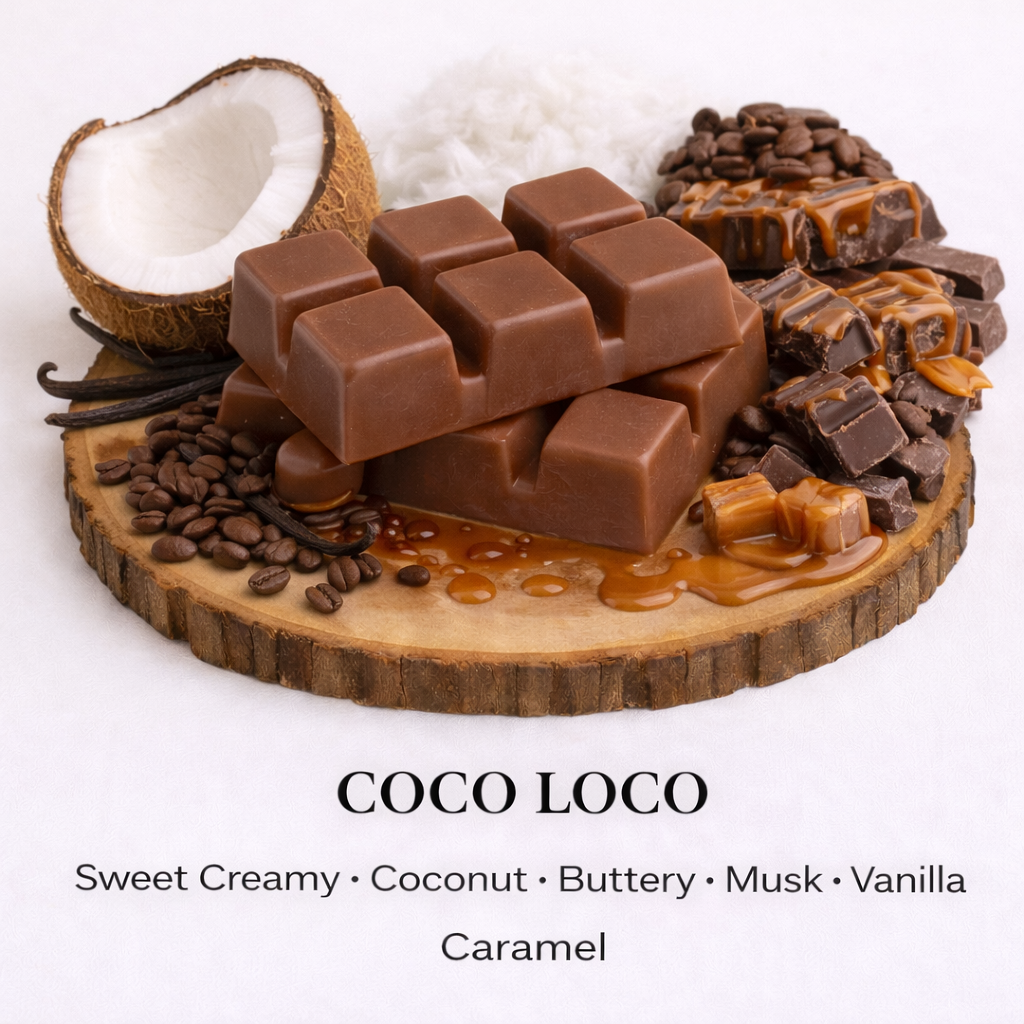 Coco Loco Latte Wax melt displayed on wooden board, a coffee inspired scent by Fair Dinkum Scents