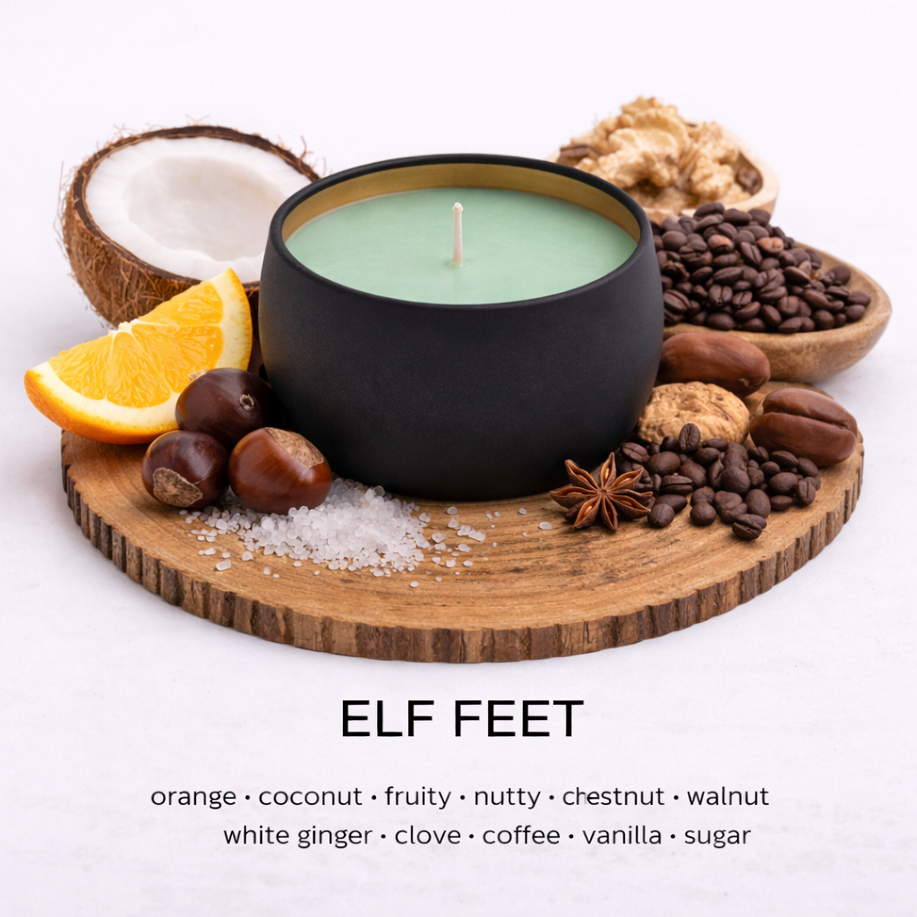 Elf Feet festive soy wax candle by Fair Dinkum Scents with sweet bakery and holiday spice fragrance.