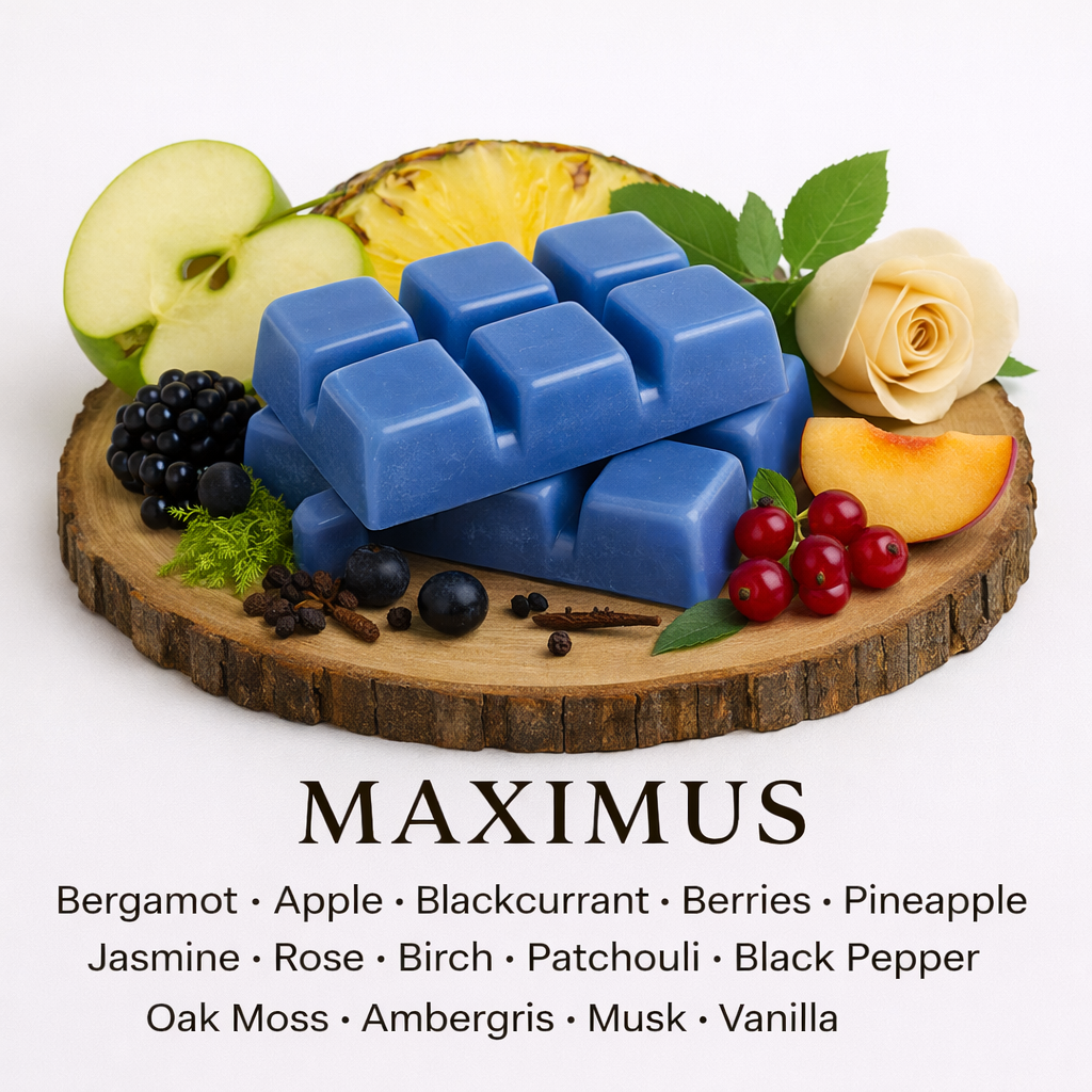 Maximus soy wax melts with bold aftershave-inspired scent notes of bergamot, woods, musk and vanilla in a luxury home fragrance setting