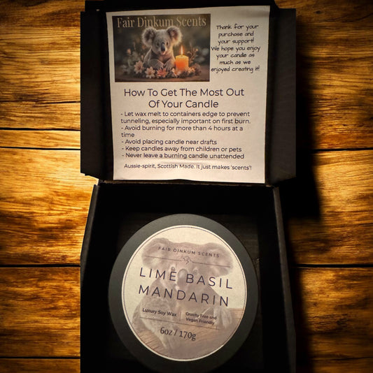 Candle in a box with a label and instructions Lime Basil Mandarin by Fair Dinkum Scents
