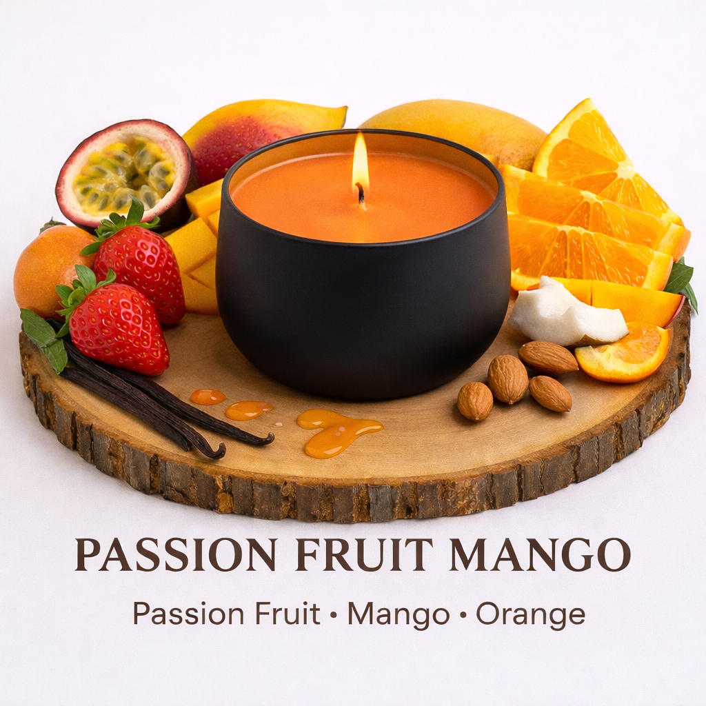 Passionfruit and mango soy candle with tropical fruity notes coconut and vanilla sweet scent