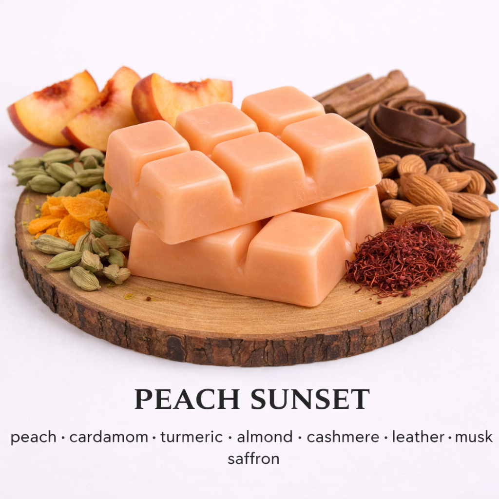 Peach Sunset soy wax melt with peach, almond, saffron and warm cosy fragrance on wooden base by Fair Dinkum Scents