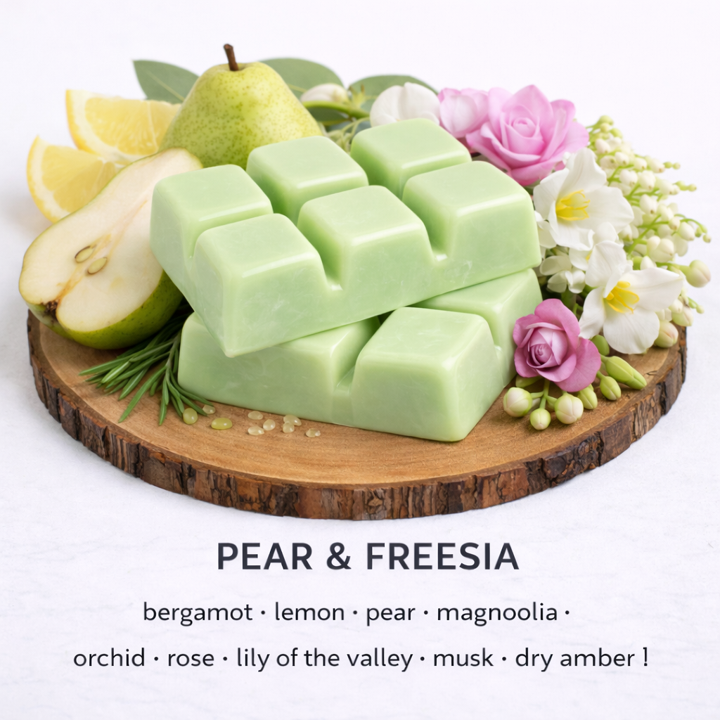 Pear and freesia soy wax melts with fresh floral pear and soft musky fragrance