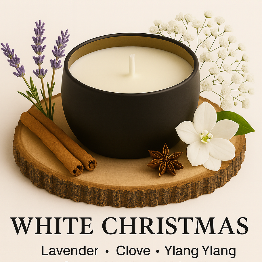 Black candle on a wooden coaster with flowers and spices, labeled 'White Christmas'.
