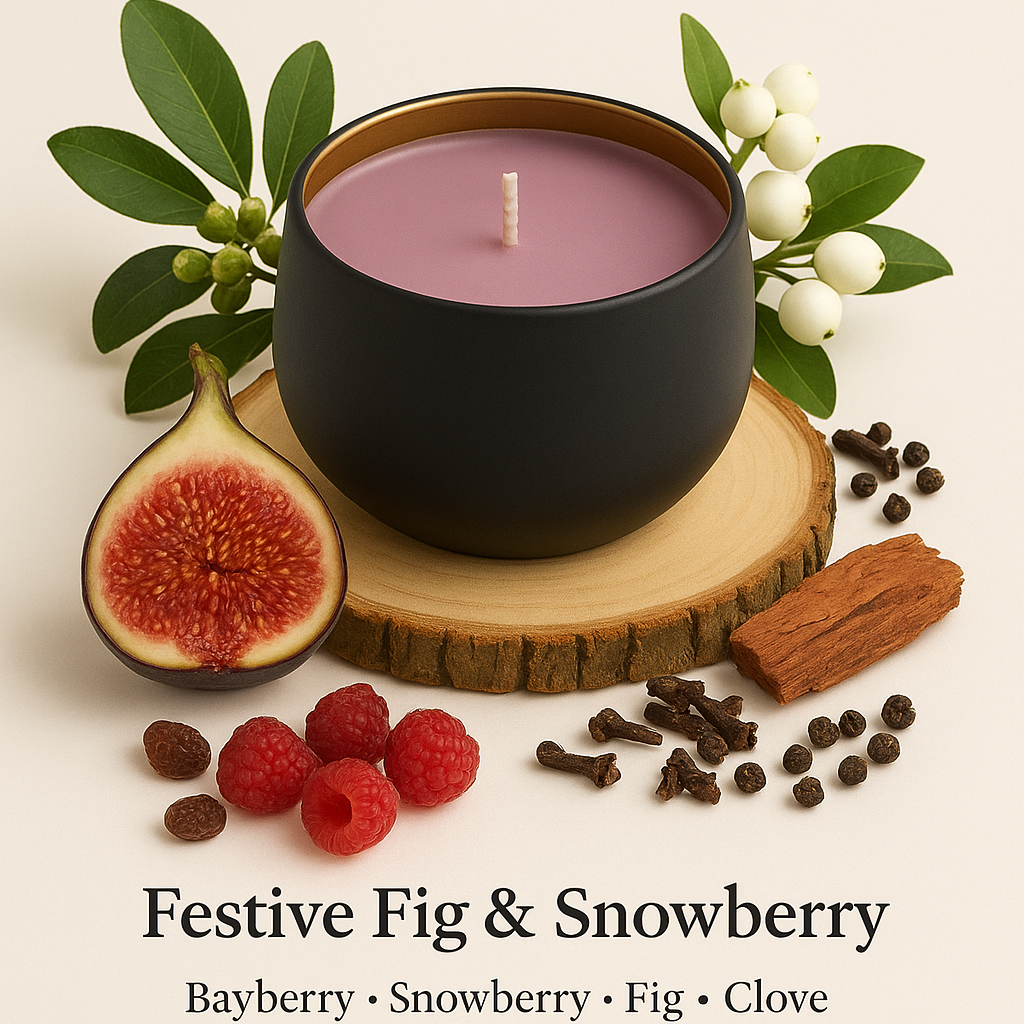 Black candle on a wooden coaster with festive ingredients on a beige background