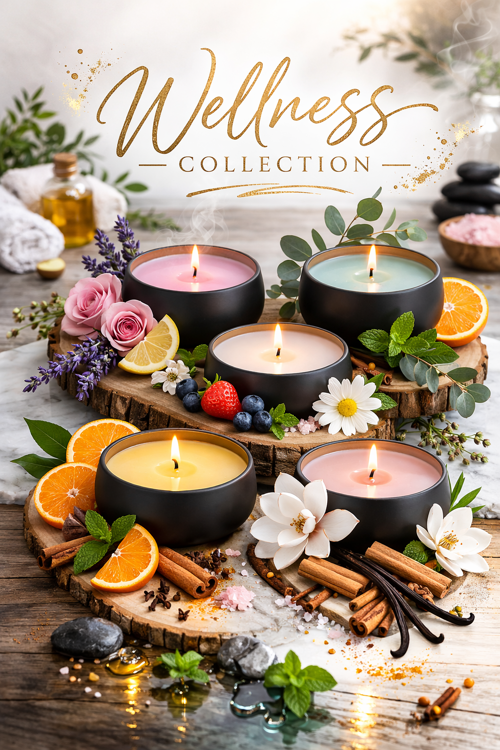 Wellness Collection scented soy wax candles for self-care and winter relaxation, styled with citrus and botanical ingredients.