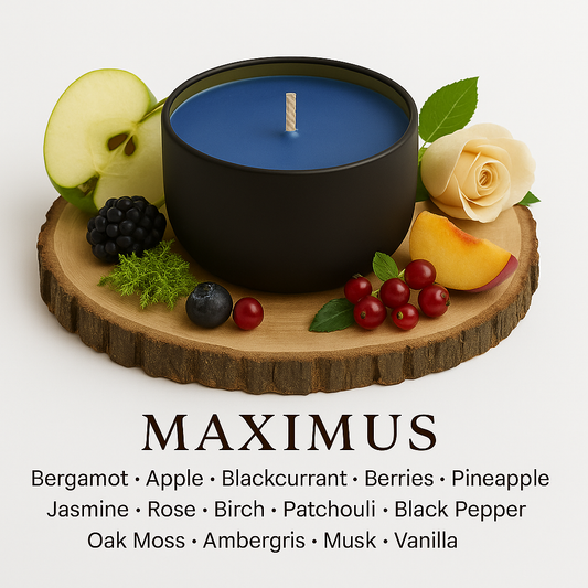 Maximus - 6oz luxury soy wax candle surrounded by apple, blackcurrant, berries, pineapple, black pepper and vanilla. 