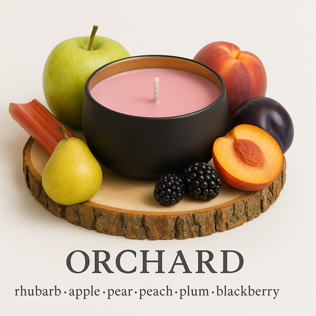 Orchard - 6oz luxury soy wax candle surrounded by rhubarb, Apple, pear, plum and blackberries 