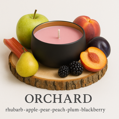Orchard - 6oz luxury soy wax candle surrounded by rhubarb, Apple, pear, plum and blackberries 