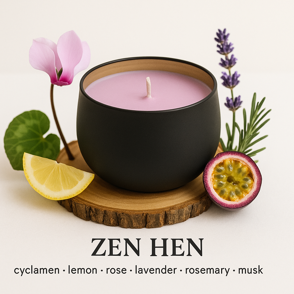 ZEN HEN 6oz luxury soy wax candle in style black tin with gold colour on the inside. Surrounded by lemon, Passionfruit, rosemary, lavender. 