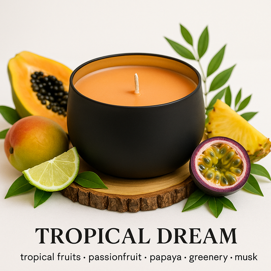 Tropical Dream - 6oz luxury soy wax candle. Surrounded by tropical fruits, pineapple, Passionfruit, lime, mango 
