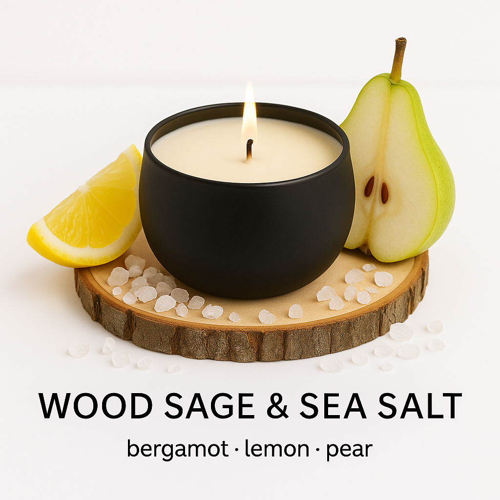Wood Sage & Sea Salt - 6oz Luxury Soy Wax Candle surrounded by lemon, sea salt and pears