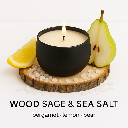 Wood Sage & Sea Salt - 6oz Luxury Soy Wax Candle surrounded by lemon, sea salt and pears
