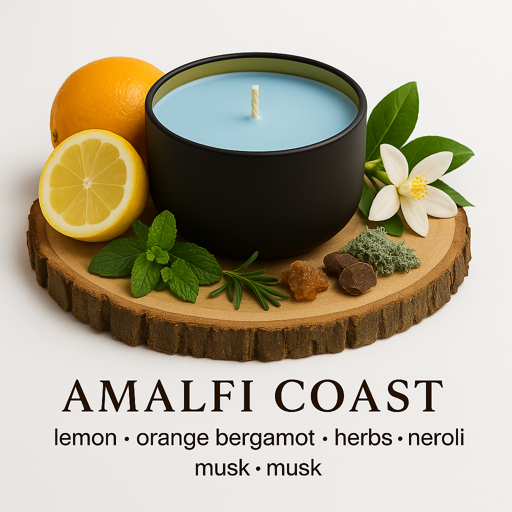 Candle labeled 'Amalfi Coast' with lemons, oranges, and flowers on a wooden board by Fair Dinkum Scents
