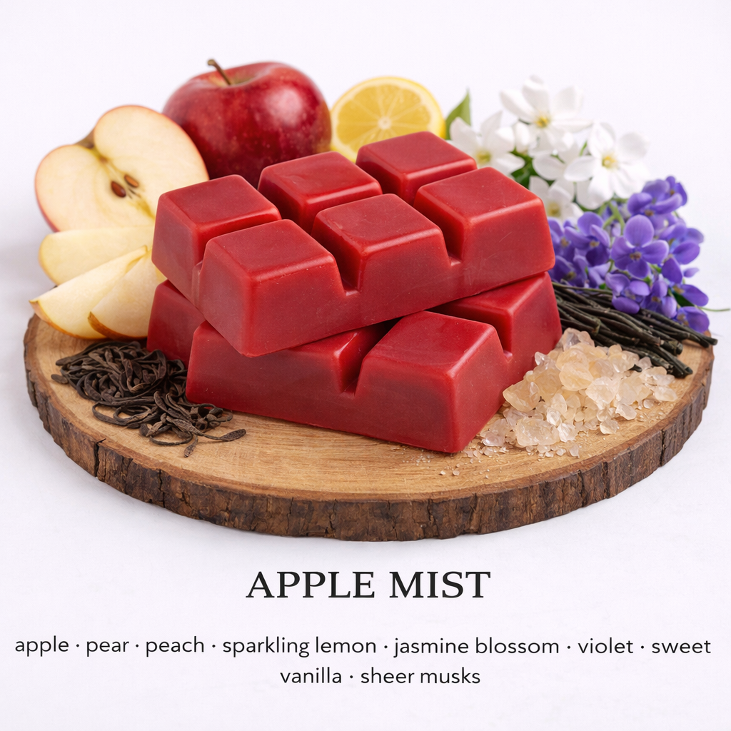 Apple Mist soy wax melt with red wax and scent notes of apple, pear, peach and vanilla on wooden base by Fair Dinkum Scents