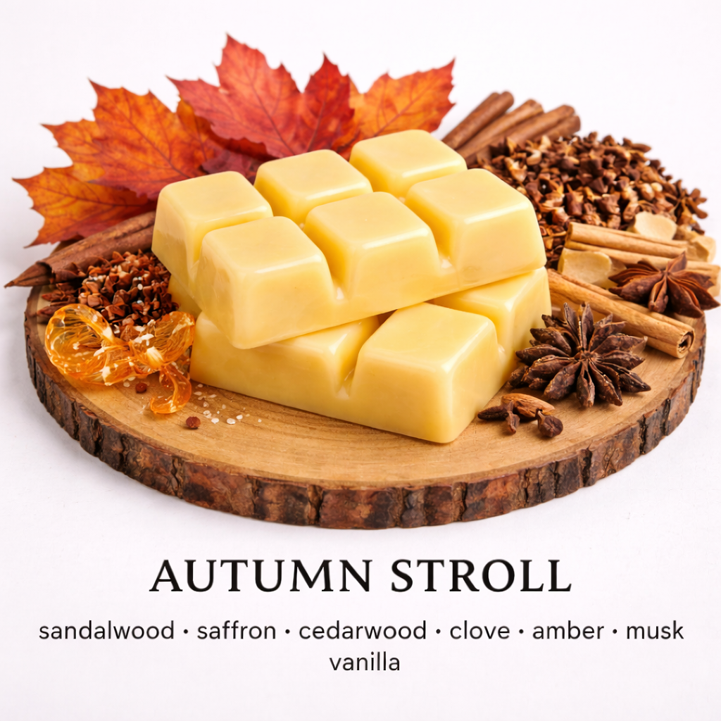 Autumn Stroll soy wax melt with warm woody scent notes of sandalwood, cedarwood, clove and amber on wooden base by Fair Dinkum Scents