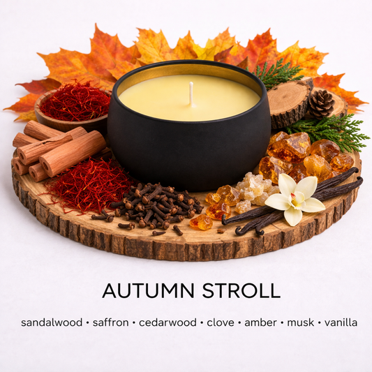 Candle labelled 'Autumn Stroll' with spices and vanilla beans on a wooden coaster. by Fair Dinkum Scents