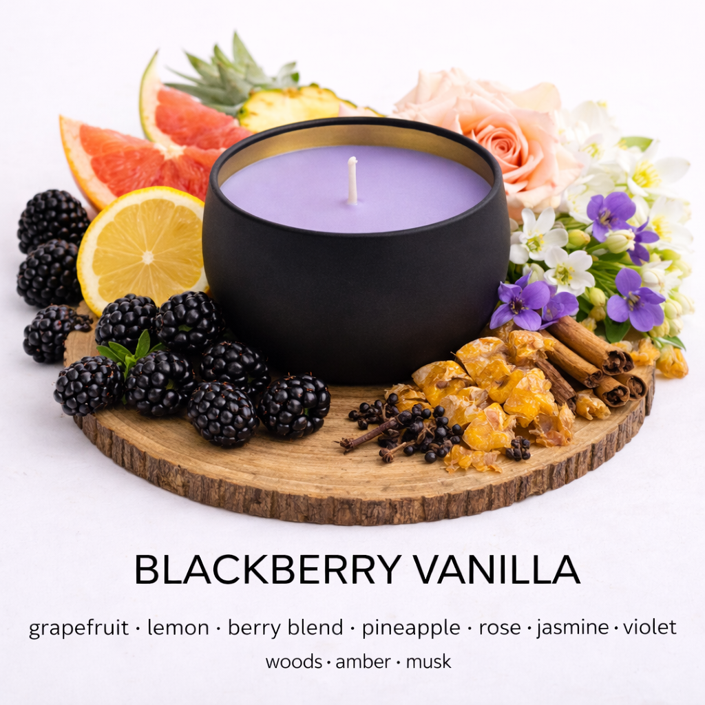 Blackberry Vanilla candle with fruits and flowers on a white background by a Fair Dinkum Scents