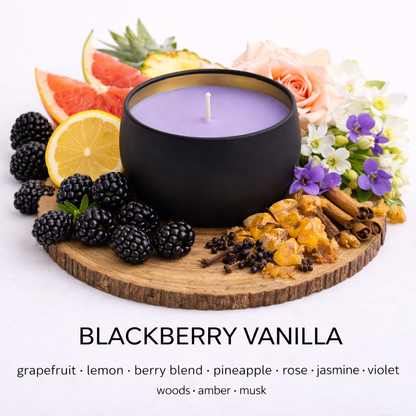 Blackberry Vanilla candle with fruits and flowers on a white background by a Fair Dinkum Scents