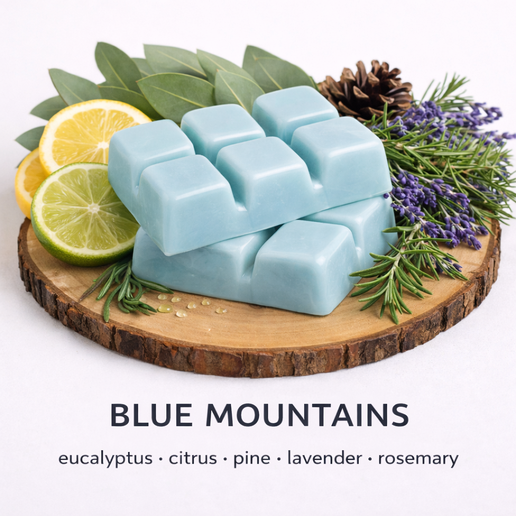 Blue Mountains soy wax melt with eucalyptus, citrus and pine fresh clean spa fragrance on wooden base