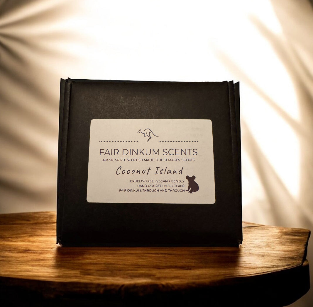 Black Gift Box for candle by Fair Dinkum Scents on a wooden surface