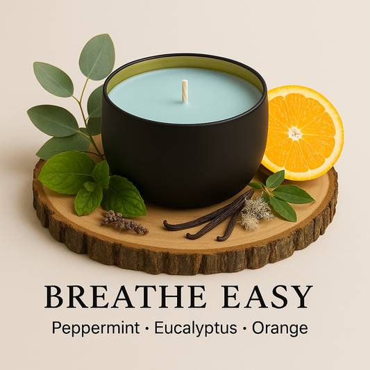 Candle with peppermint, eucalyptus, and orange on a wooden coaster with 'Breathe Easy' by Fair Dinkum Scents