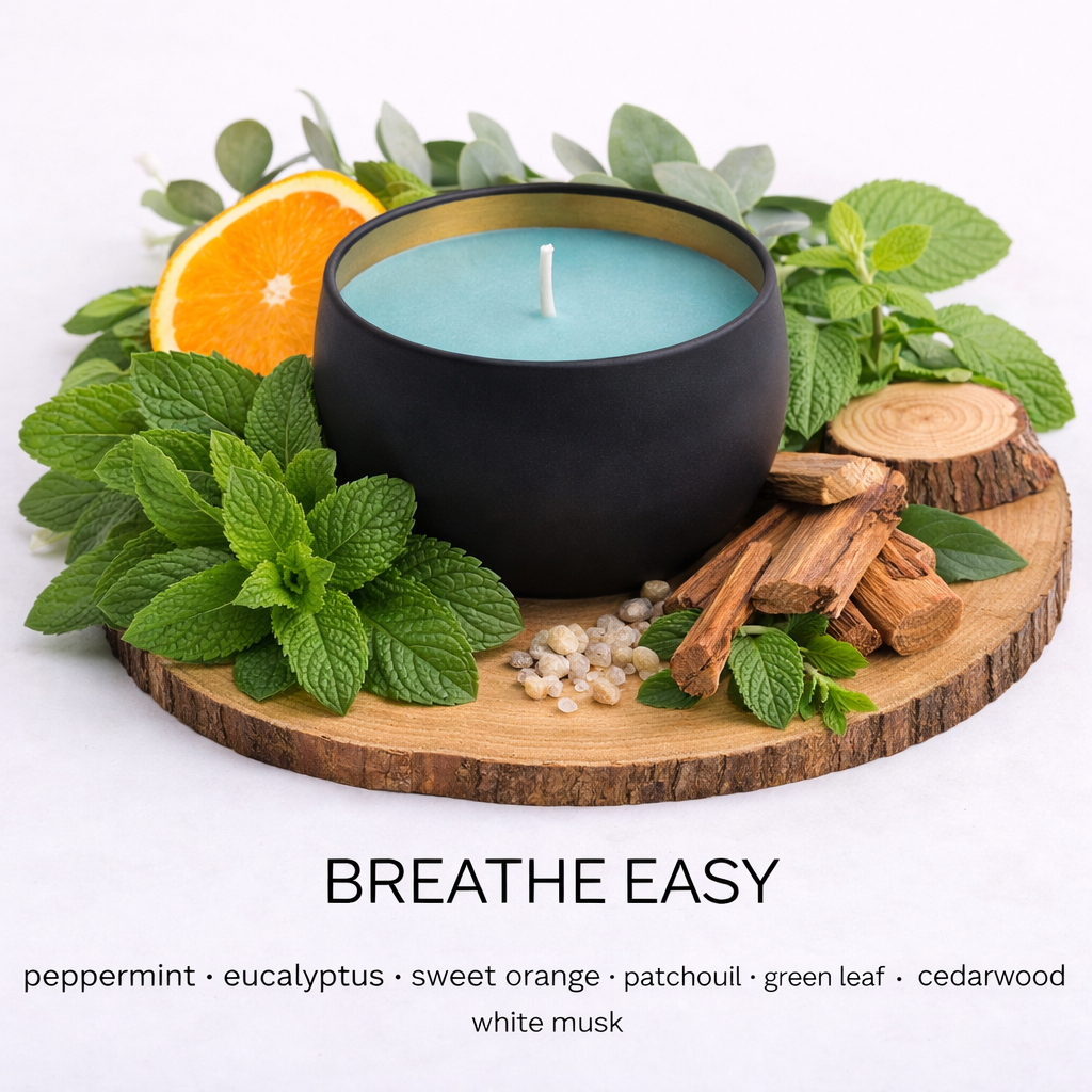 Matte black soy candle with blue-green wax in a gold-lined tin, styled on a wooden base with fresh peppermint, eucalyptus leaves, sweet orange, cedarwood, and green foliage to represent the Breathe Easy scent.