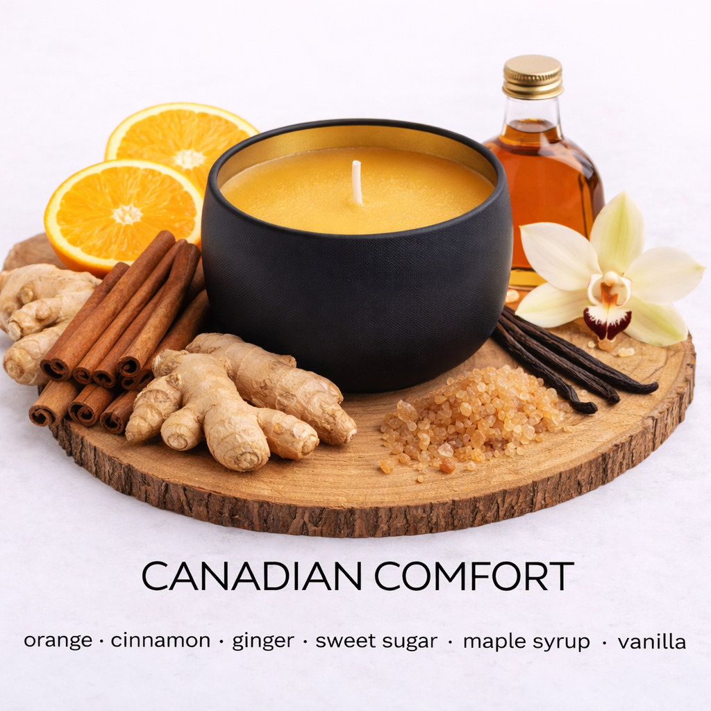 Matte black soy candle with golden honey wax in a gold-lined tin, styled on a wooden base with orange slices, cinnamon sticks, fresh ginger, maple syrup, vanilla, and sugar crystals to represent the Canadian Comfort scent.
