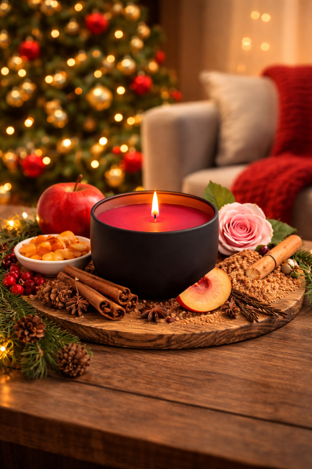 Matte black soy candle with deep red wax burning on a wooden table, styled with apple, cinnamon and festive spices in a cosy Christmas living room with a decorated tree and warm lights in the background.