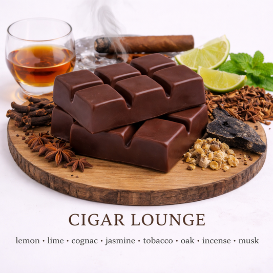 Cigar Lounge soy wax melt with deep brown wax and scent notes of tobacco, oak, cognac and smoky incense on wooden base by Fair Dinkum Scents
