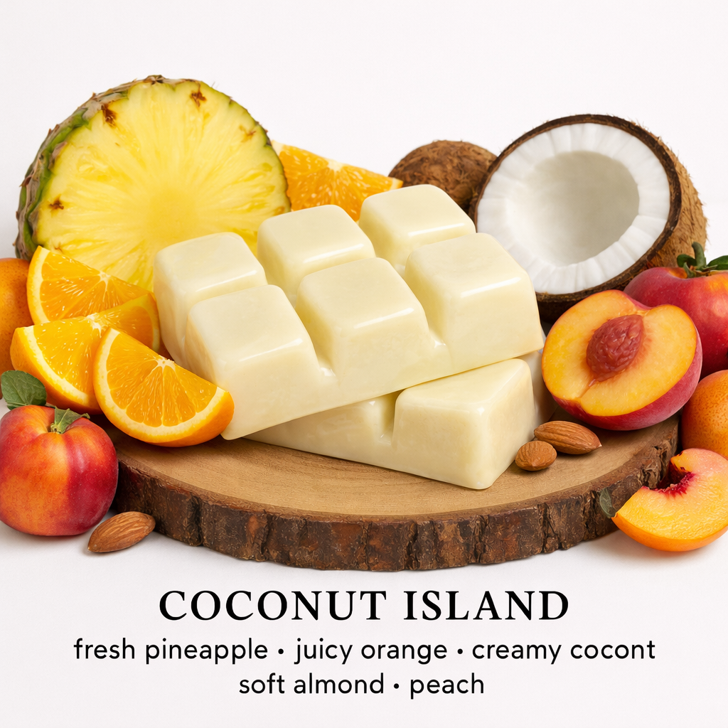 Coconut Island wax melts with fruits and nuts on a wooden board