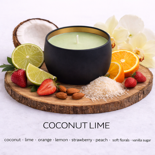 Coconut Lime soy wax candle by Fair Dinkum Scents with tropical citrus and creamy coconut fragrance.