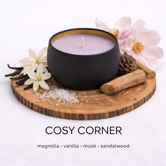 Cosy Corner soy wax candle with magnolia, vanilla and sandalwood fragrance by Fair Dinkum Scents.