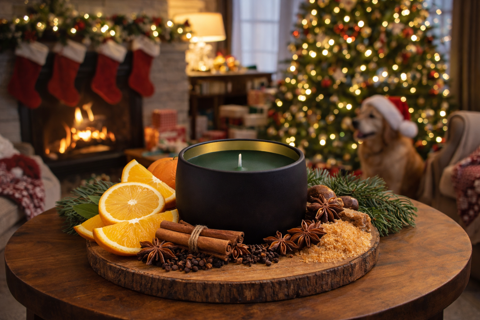 Matte black soy candle with dark green wax styled on a wooden table with citrus, cinnamon and festive spices in a cosy Christmas living room with a decorated tree, fireplace and warm glowing lights in the background.