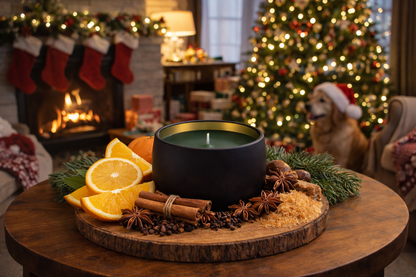 Matte black soy candle with dark green wax styled on a wooden table with citrus, cinnamon and festive spices in a cosy Christmas living room with a decorated tree, fireplace and warm glowing lights in the background.