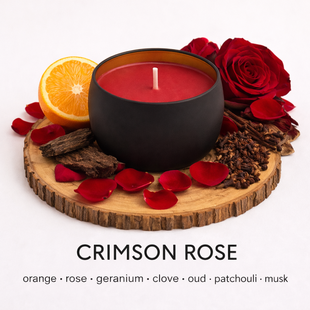 Crimson Rose soy candle with rose oud patchouli and deep floral fragrance