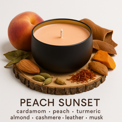 Peach Sunset - Luxury Soy wax candle surrounded by Peaches, Cardamom, Tumeric, Almonds and Leather