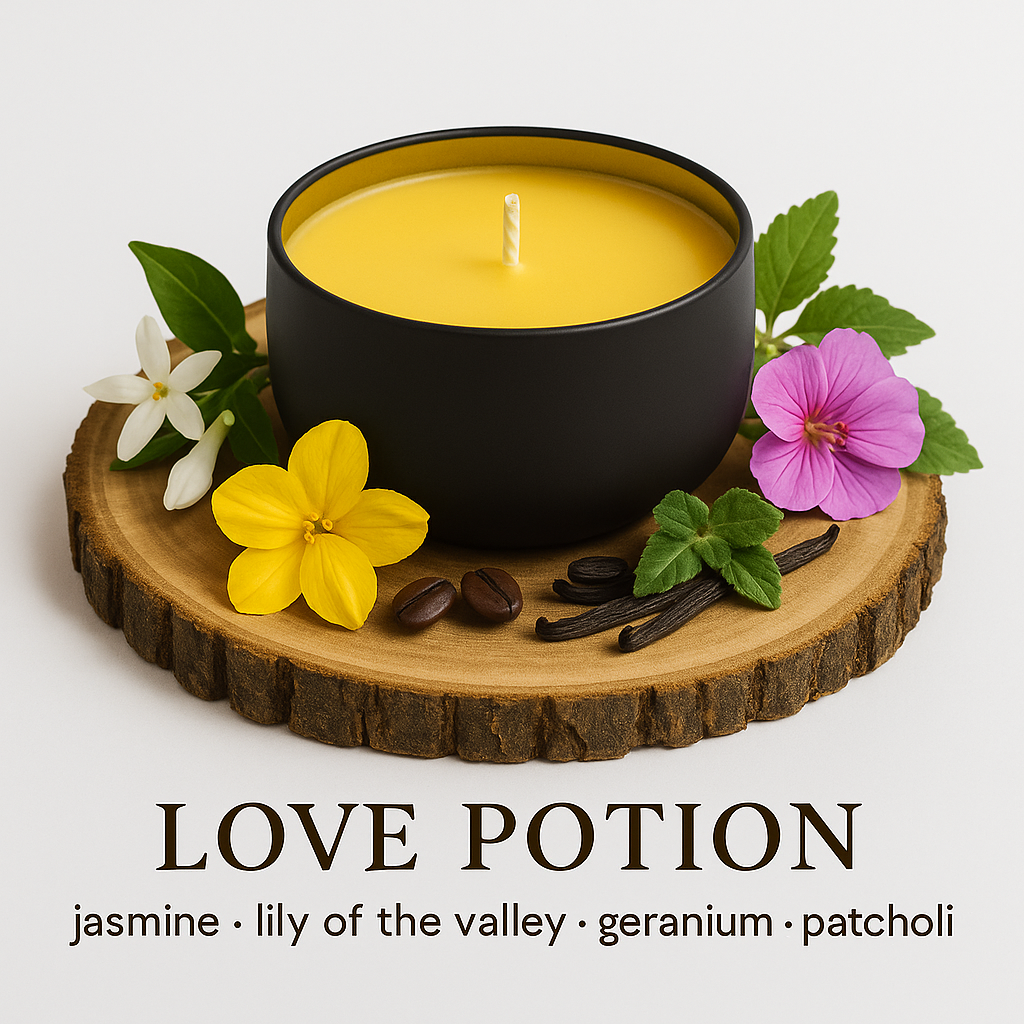 Love Potion - 6oz luxury soy wax candle surrounded by jasmine, patchouli, lily of the valley & geranium. 