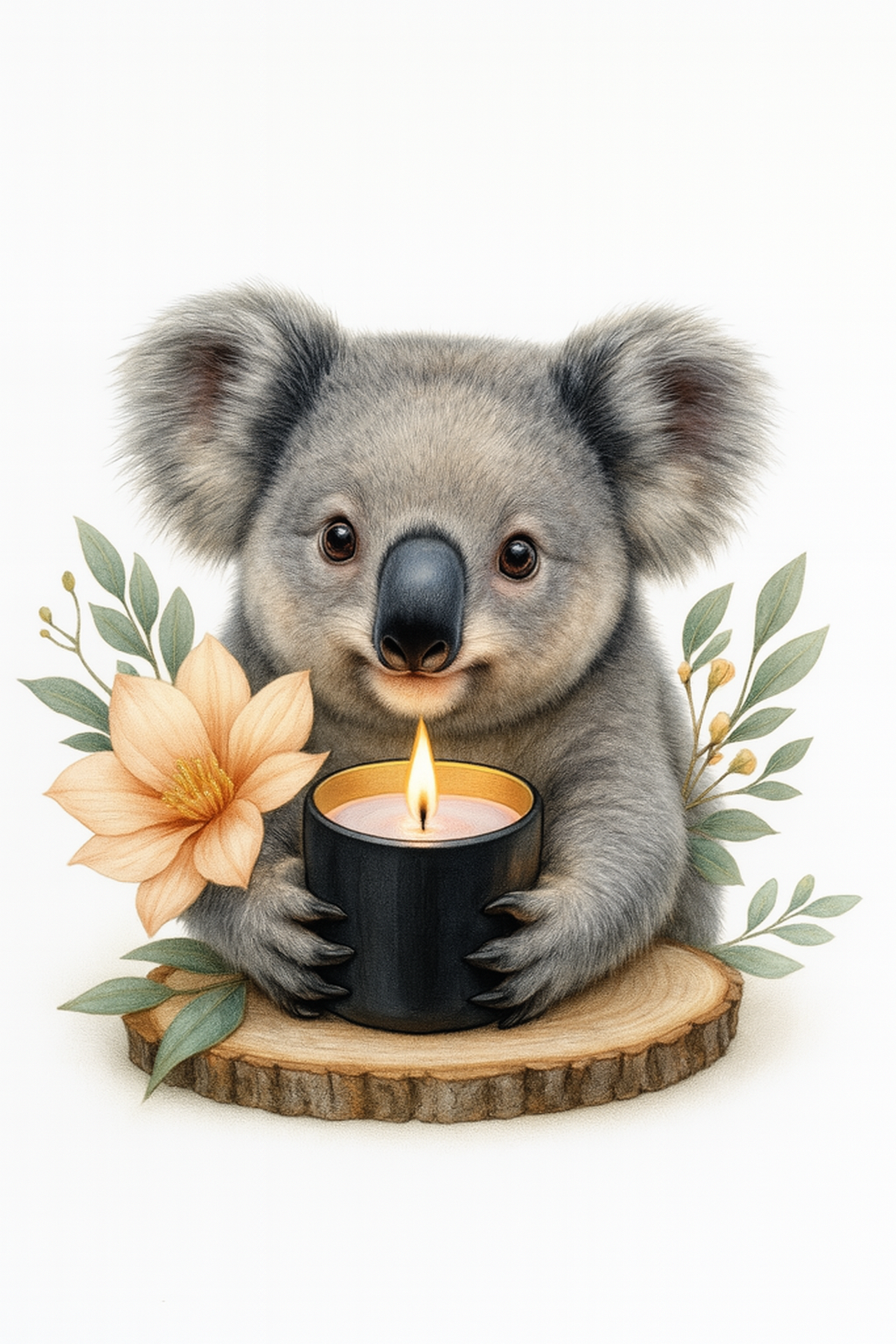 Illustration of a koala holding a candle with floral elements on a white background