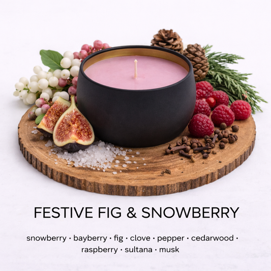 Festive Fig & Snowberry soy wax candle by Fair Dinkum Scents with fruity winter and festive spice fragrance.