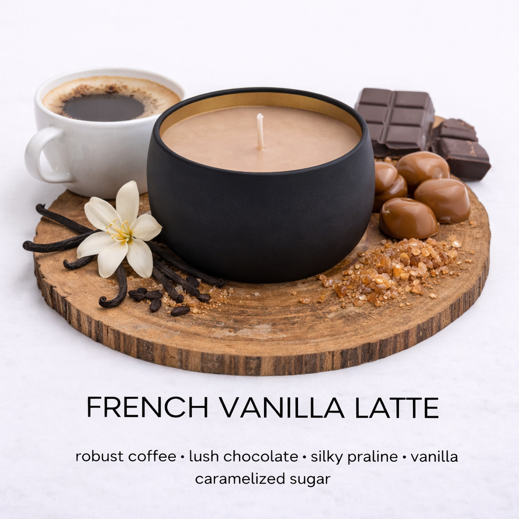 French Vanilla Latte soy wax coffee candle by Fair Dinkum Scents with chocolate, vanilla and caramel fragrance.