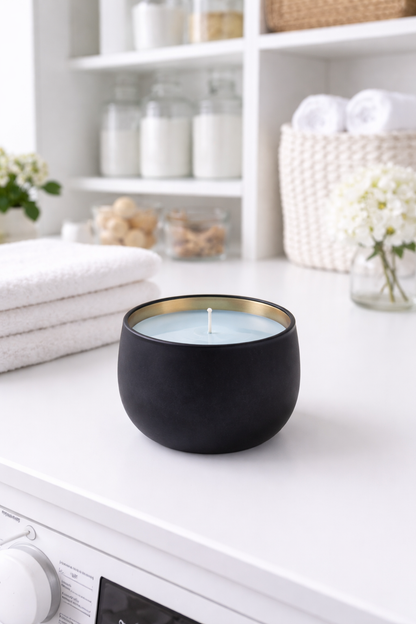 Matte black soy candle with light pastel blue wax in a gold-lined tin, placed on a white countertop in a bright, minimalist laundry room with folded towels and clean white décor