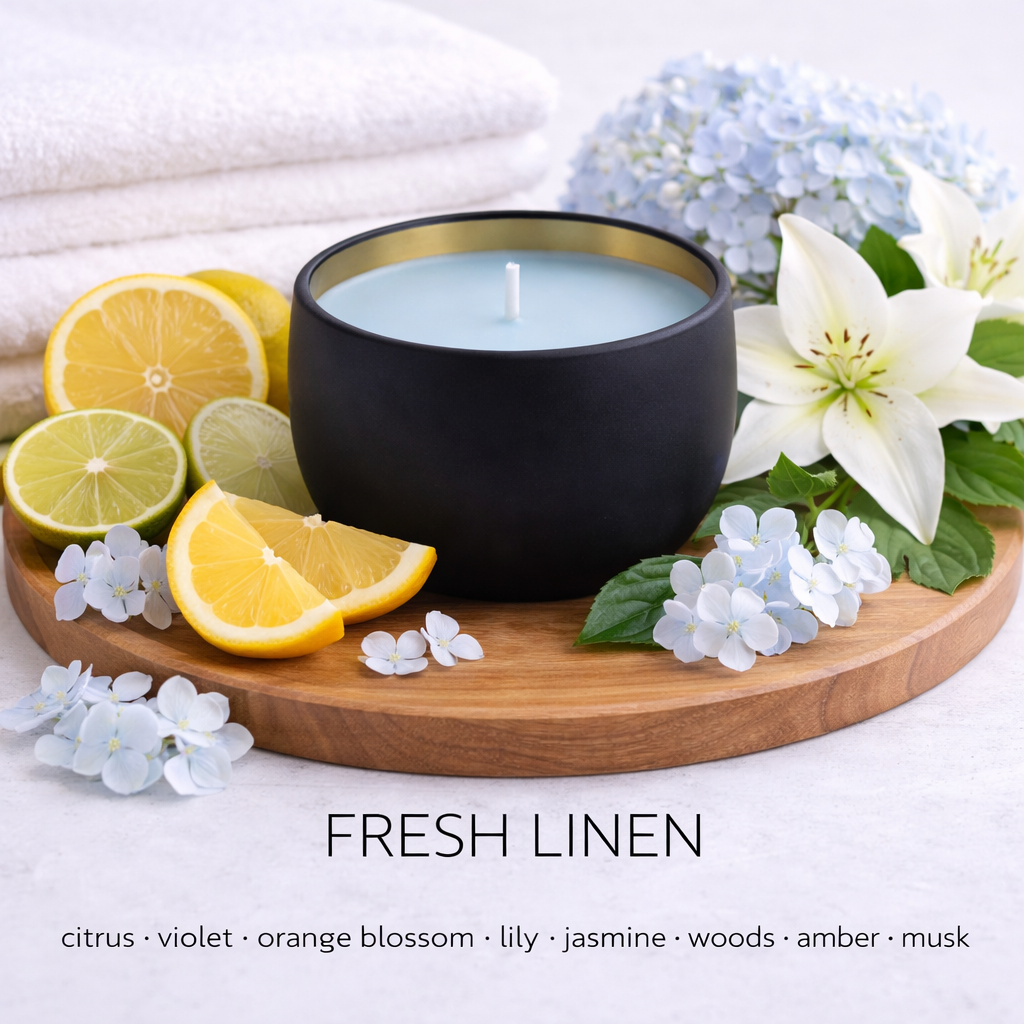 Fresh Linen soy wax candle by Fair Dinkum Scents with clean cotton and soft floral fragrance