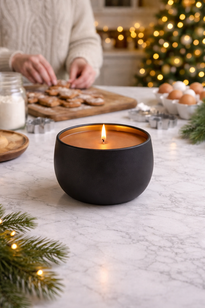 Matte black soy candle with brown wax in a gold-lined tin, placed on a kitchen countertop with a softly blurred background of someone baking cookies in a warm, festive Christmas kitchen.