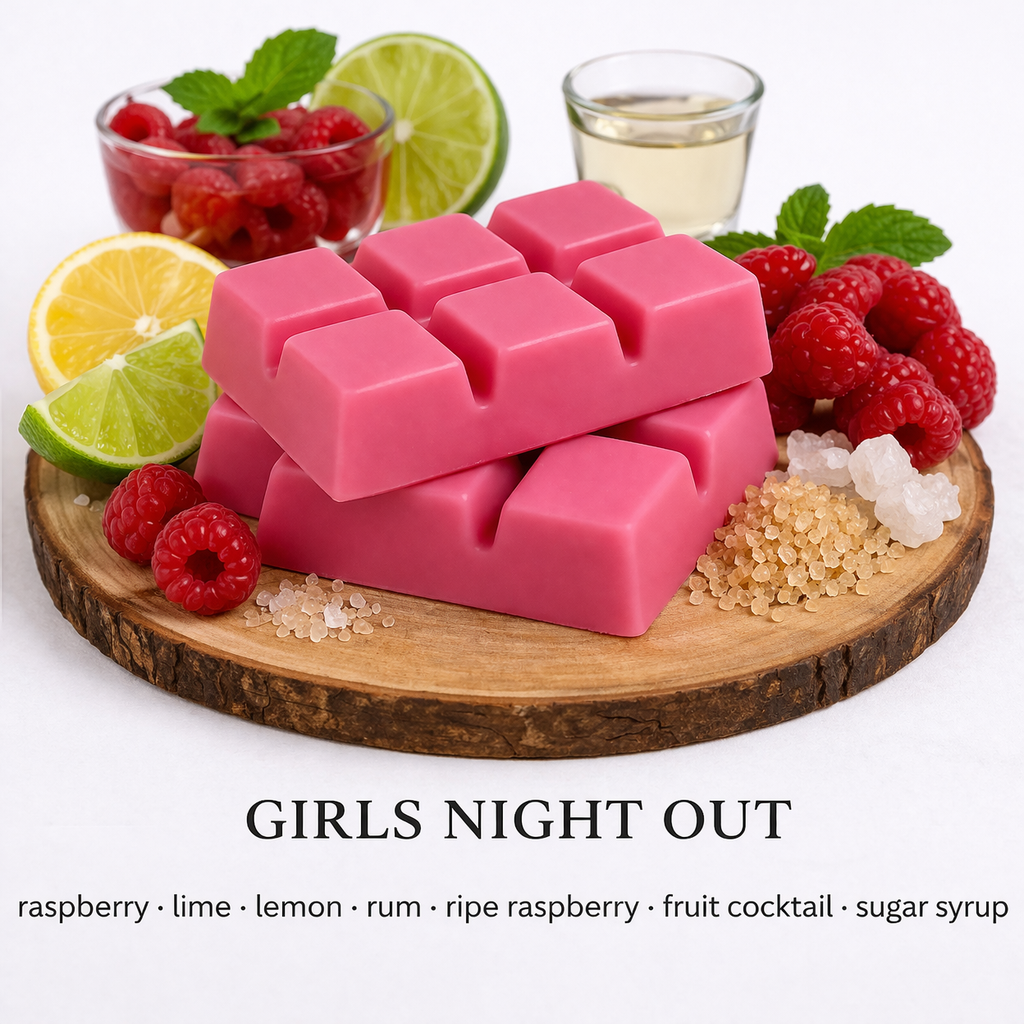 Girls Night Out soy wax melt with pink wax and scent notes of raspberry, lime and sweet cocktail fragrance on wooden base