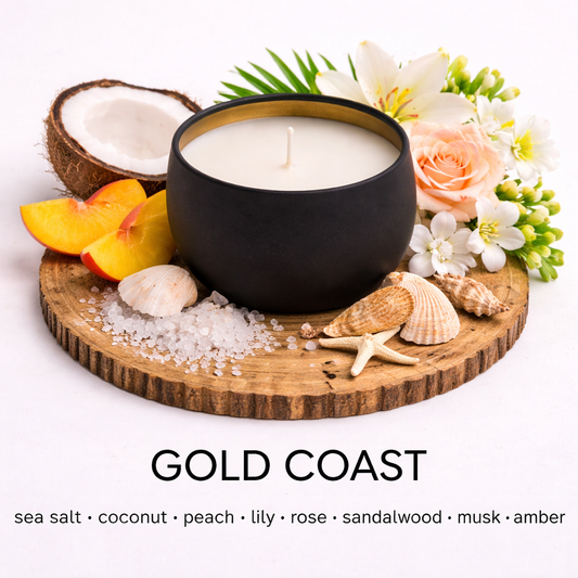 Gold Coast soy candle with sea salt coconut florals and fresh coastal fragrance by Fair Dinkum Scents