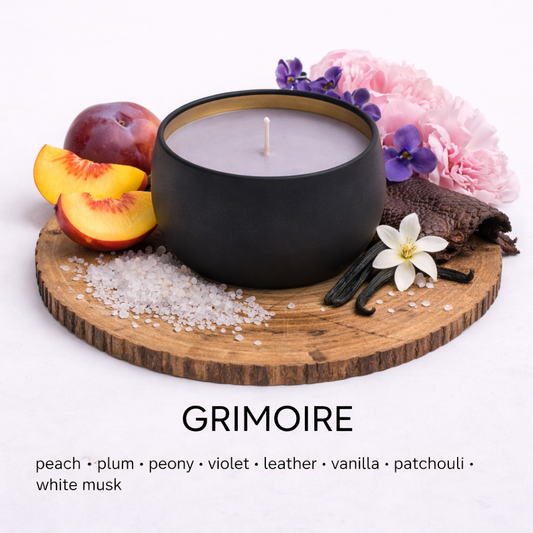 Grimoire soy wax candle by Fair Dinkum Scents with dark floral, leather and patchouli fragrance by Fair Dinkum Scents