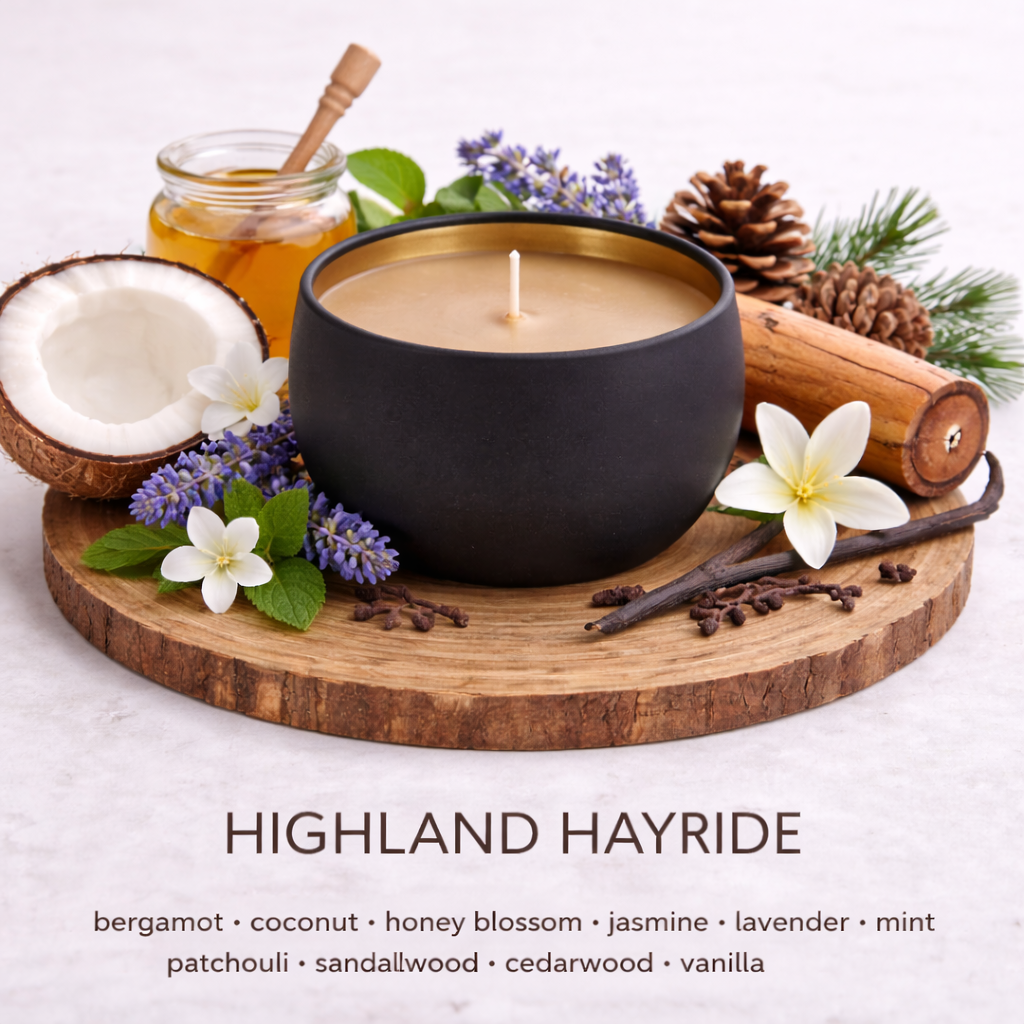 Highland Hayride soy wax candle by Fair Dinkum Scents with honey blossom, bergamot and sandalwood fragrance.
